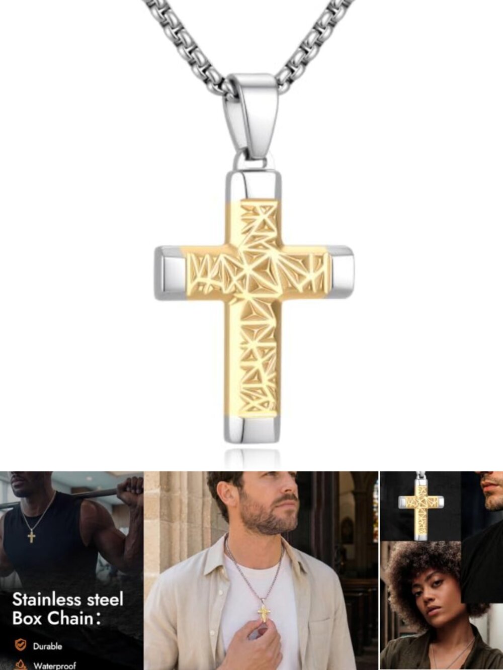 Mens Stainless Steel Cross Necklace Geometric Engraved Bead Chain